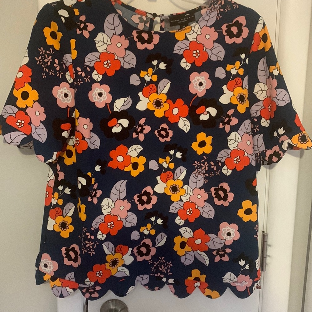 Victoria Beckham for Target Navy Orange Floral Blouse Scalloped Edge Medium